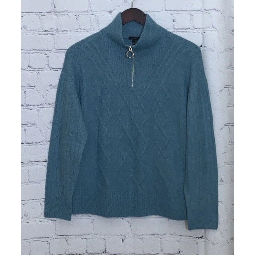Talbots Pullover Sweater Women's Large Quarter Zip Teal Blue Cable Knit